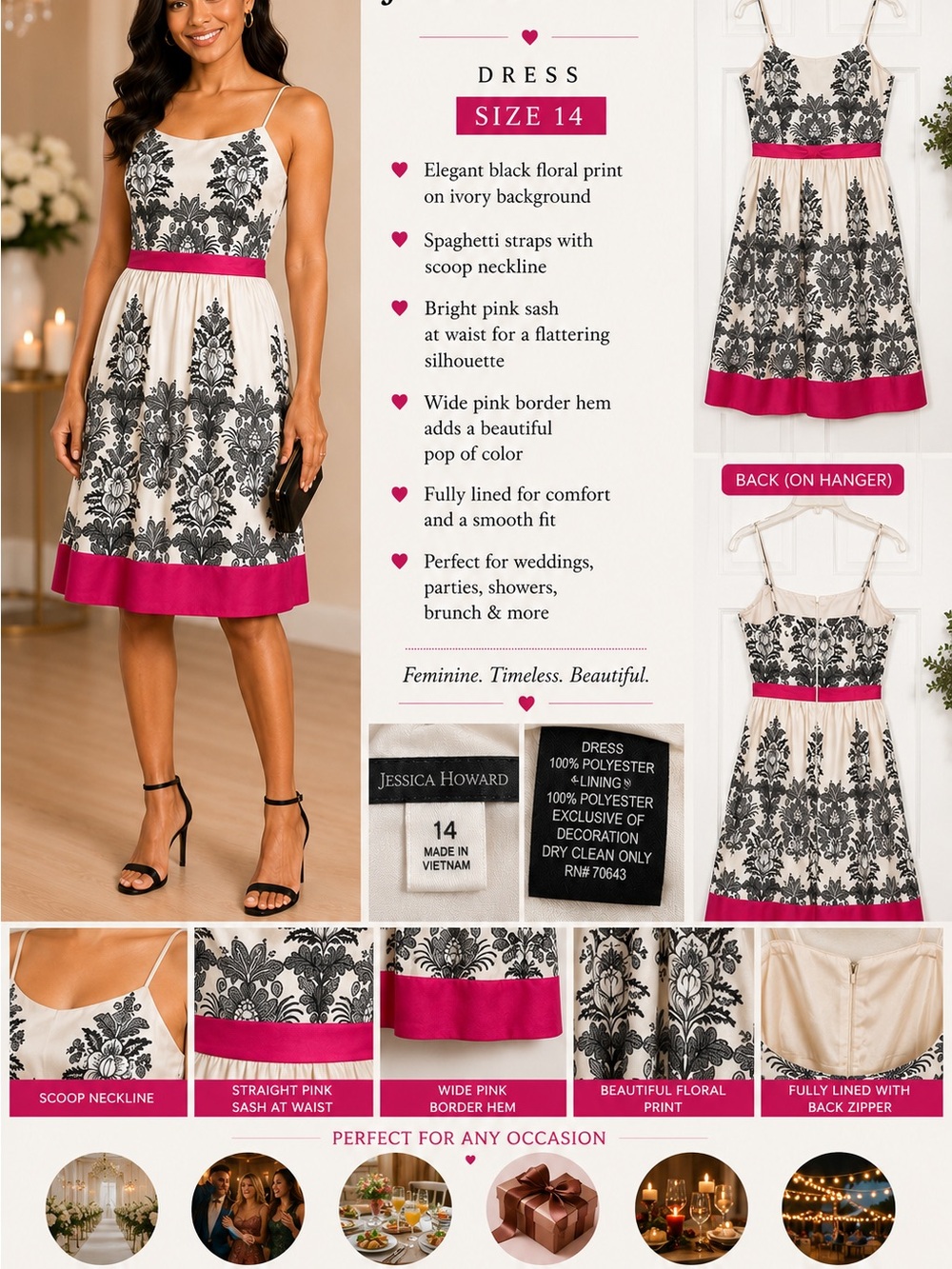 Jessica Howard Ivory Dress with Black Floral Print and Bright Pink Accents